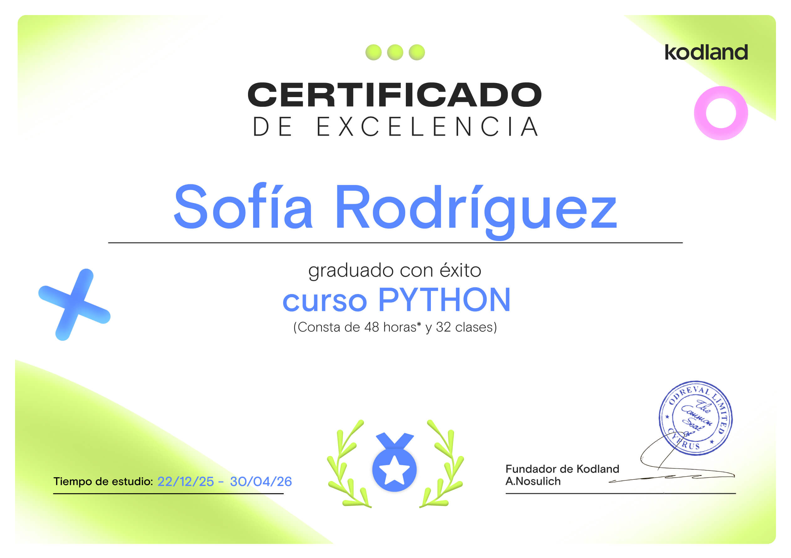 Certificado de finalización del curso Kodland
