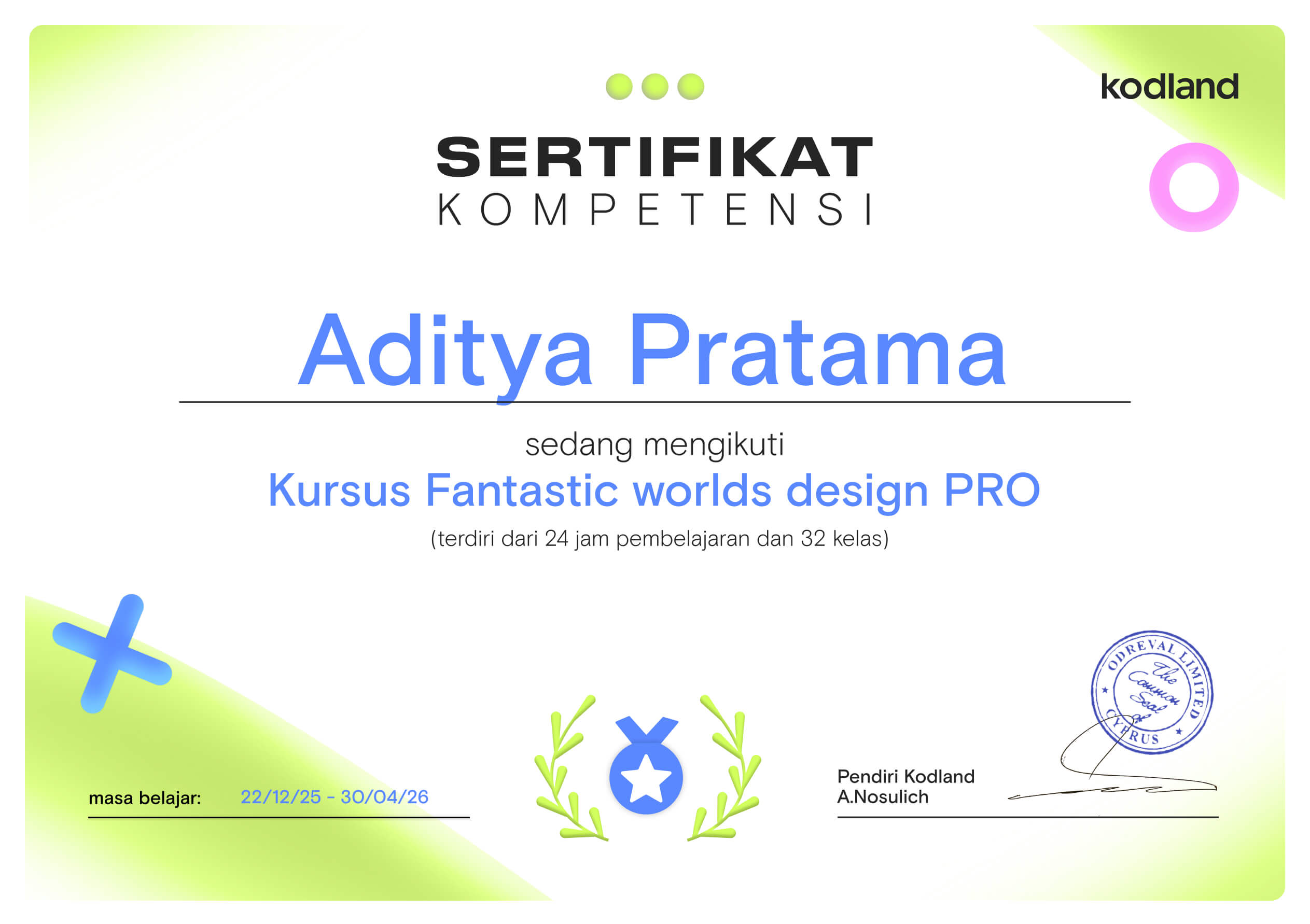 Sertifikat kelulusan kursus Kodland