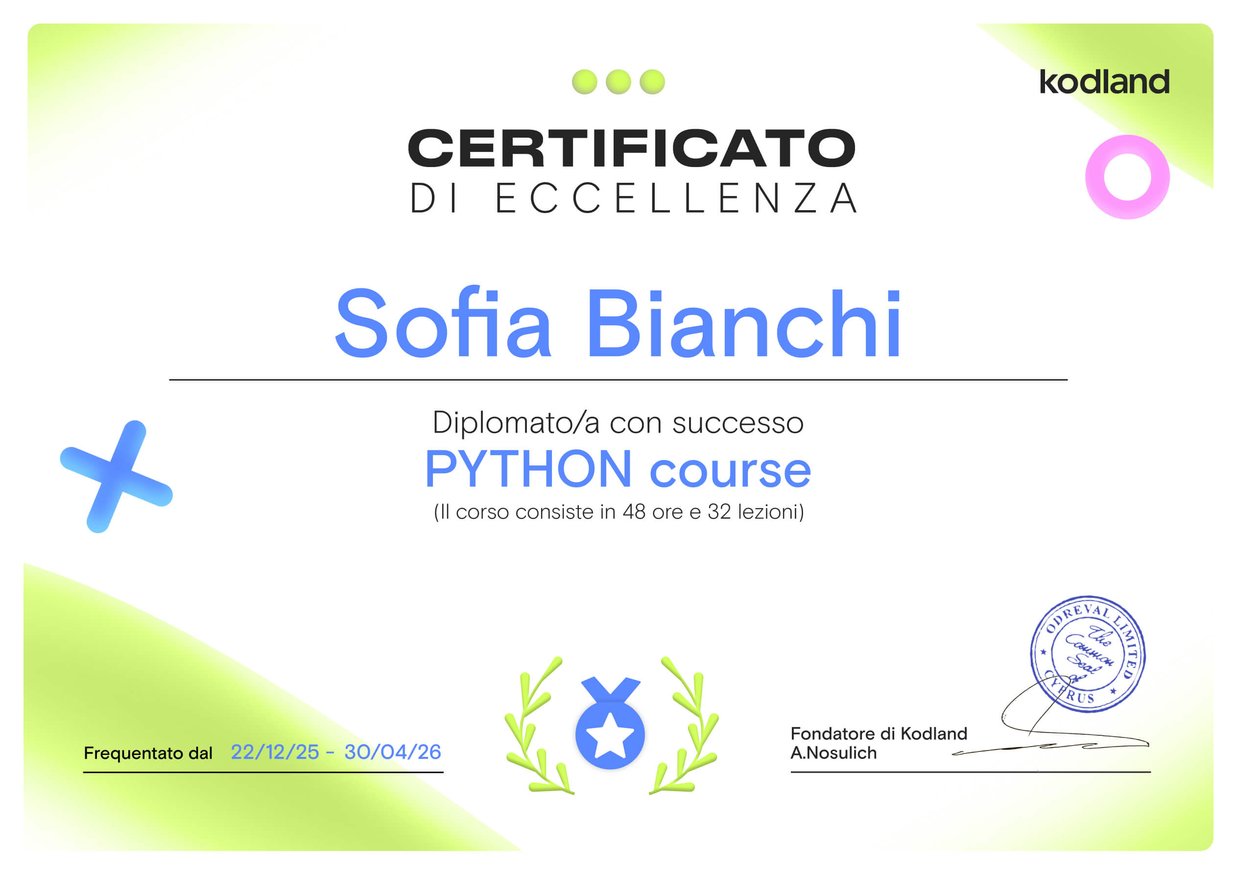 Certificato di completamento del corso Kodland