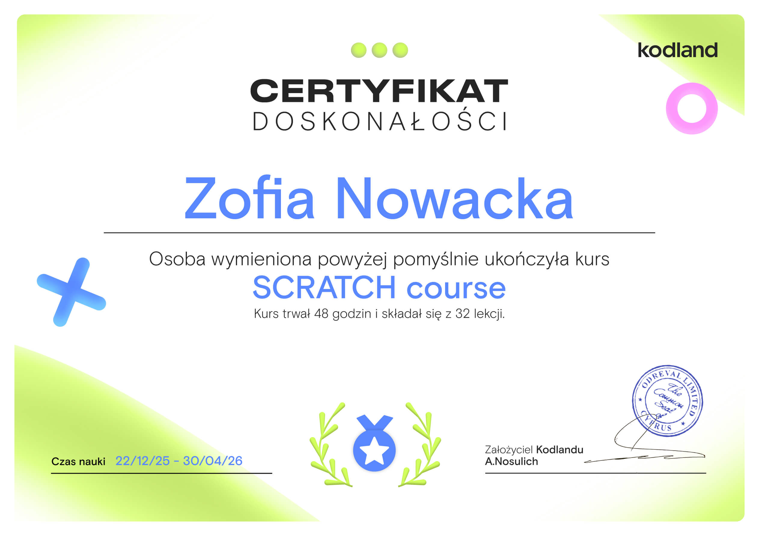 Certyfikat ukończenia kursu Kodland