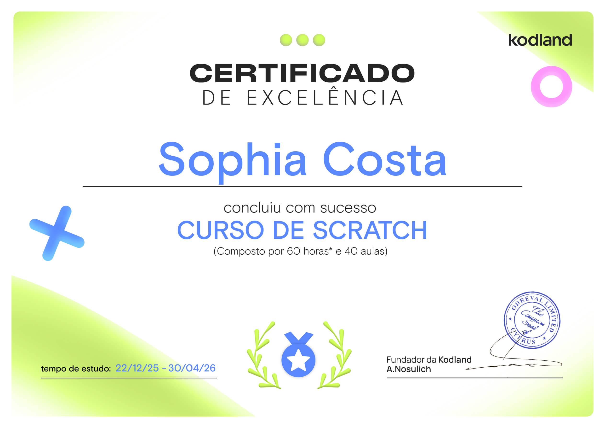 Certificado de conclusão do curso Kodland