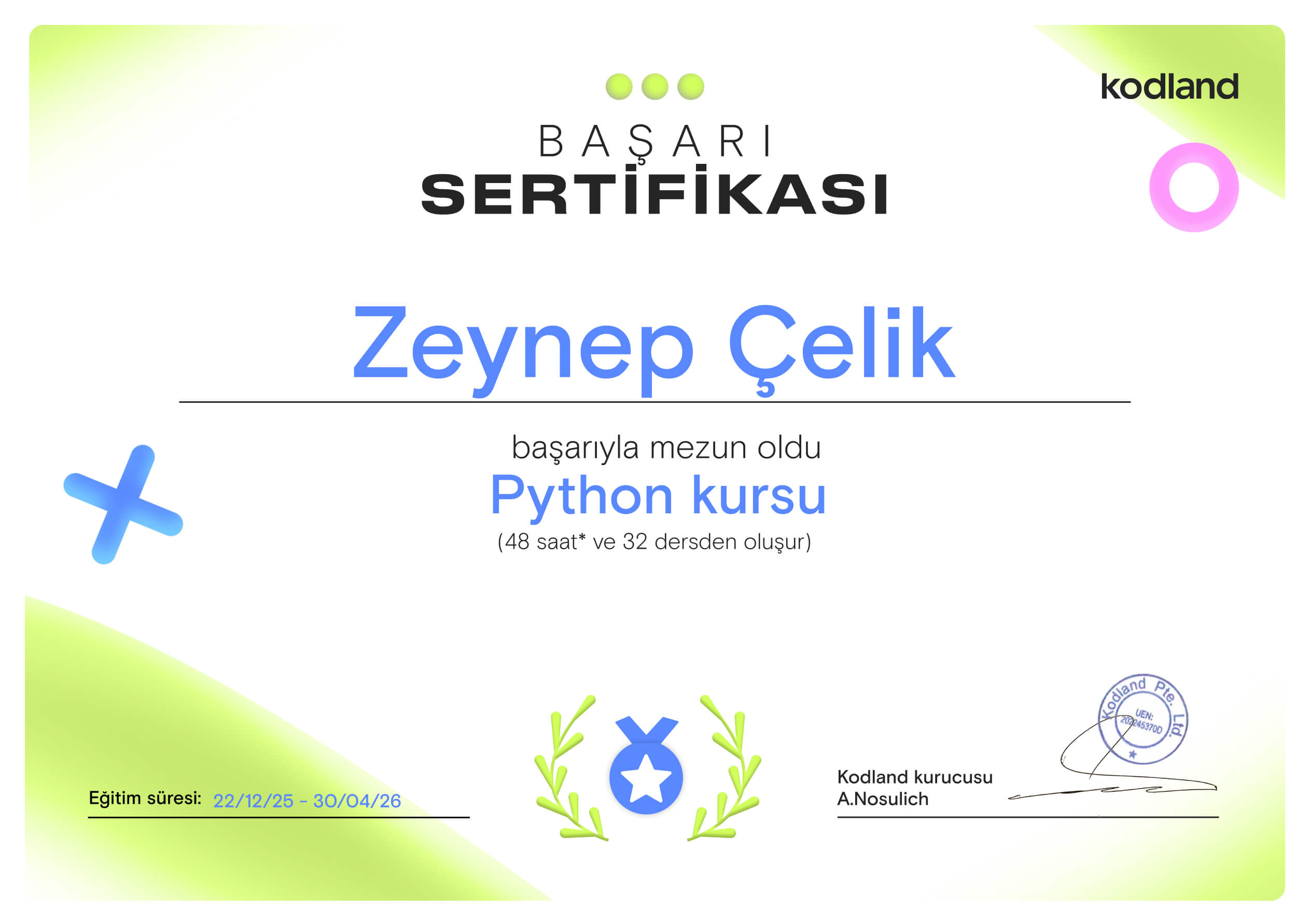 Kodland kurs bitirme sertifikası